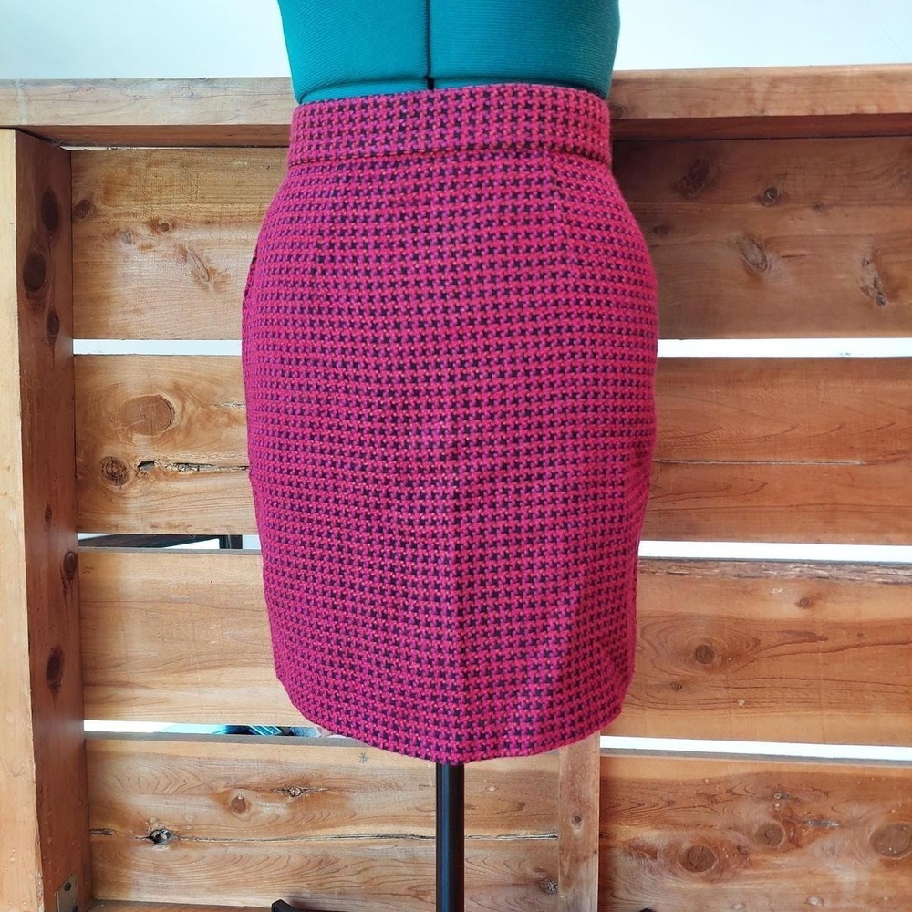 Vintage Rampage 90s Red Pink Black Houndstooth Wool Blend Pencil Skirt Size 3